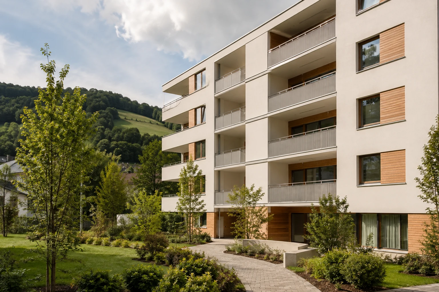 Modernes österreichisches Wohnhaus mit Balkonen, Holzfeldern und begrüntem Außenraum