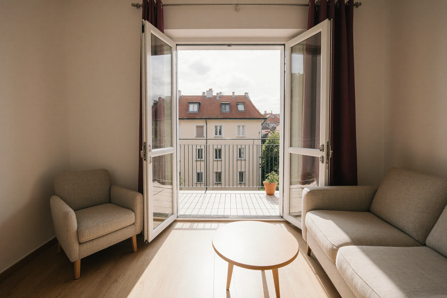 Salon lumineux avec une porte donnant sur un balcon