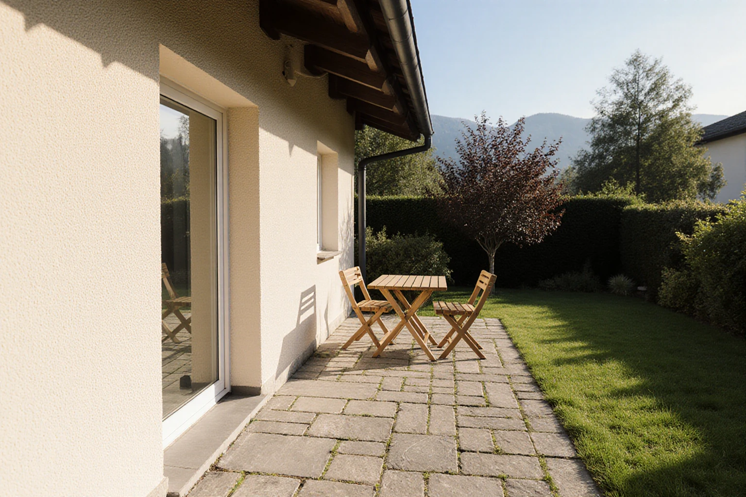 Façade claire d’une maison avec terrasse et jardin